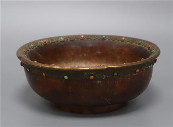 A Tibetan wood, copper, coral and turquoise mounted bowl diameter 18cm